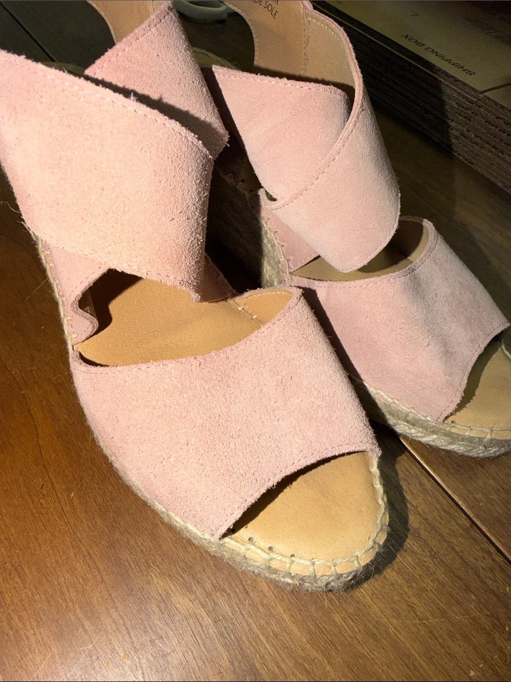 Blush Suede Espadrille Wedge Sandals with Cross-Strap Design